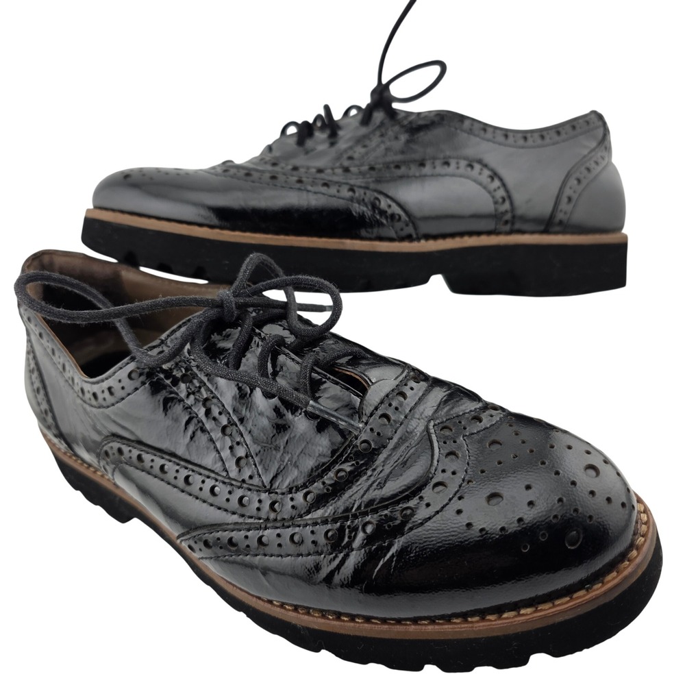 Earthies Santana Black Patent Leather Wingtip Oxford Size 7B Brogues KM F6 Good‎